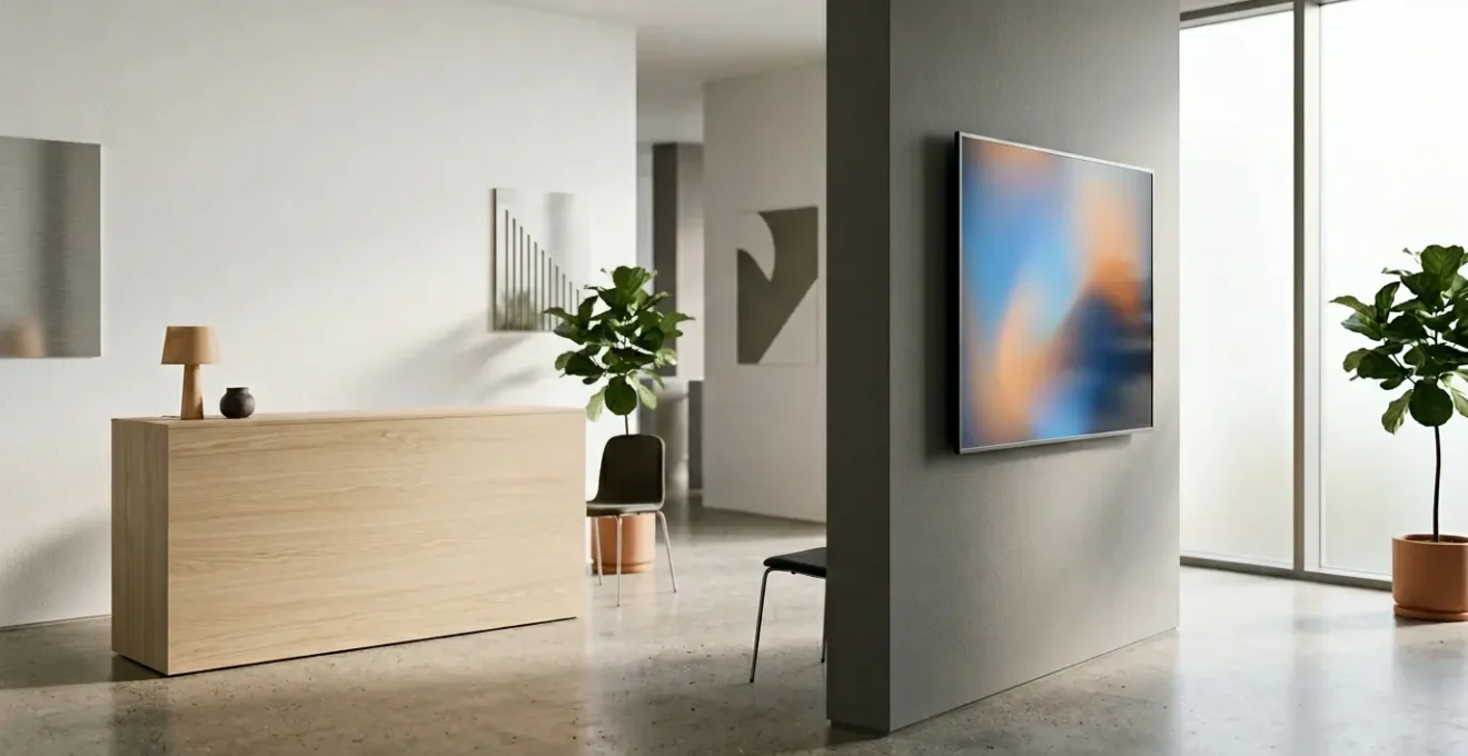 Espace d'accueil d'entreprise moderne avec écran d'affichage dynamique contrastant avec mur vide traditionnel