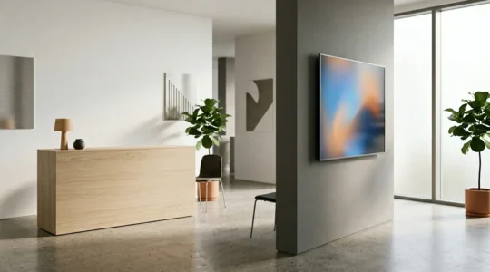 Espace d'accueil d'entreprise moderne avec écran d'affichage dynamique contrastant avec mur vide traditionnel