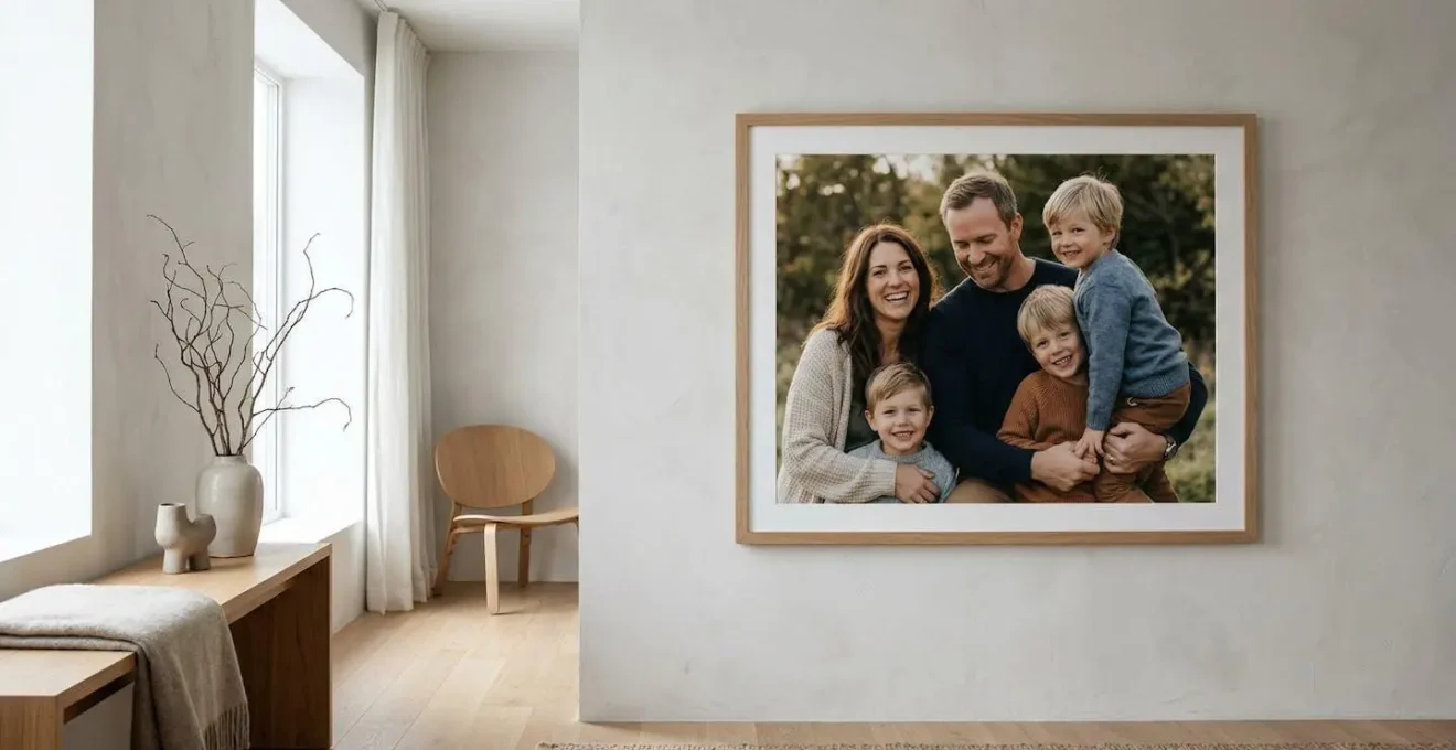 Photographie de famille imprimée en grand format sur papier photo premium, encadrée et accrochée dans un intérieur moderne