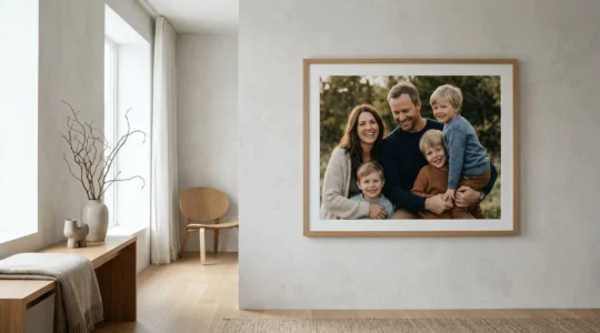 Photographie de famille imprimée en grand format sur papier photo premium, encadrée et accrochée dans un intérieur moderne