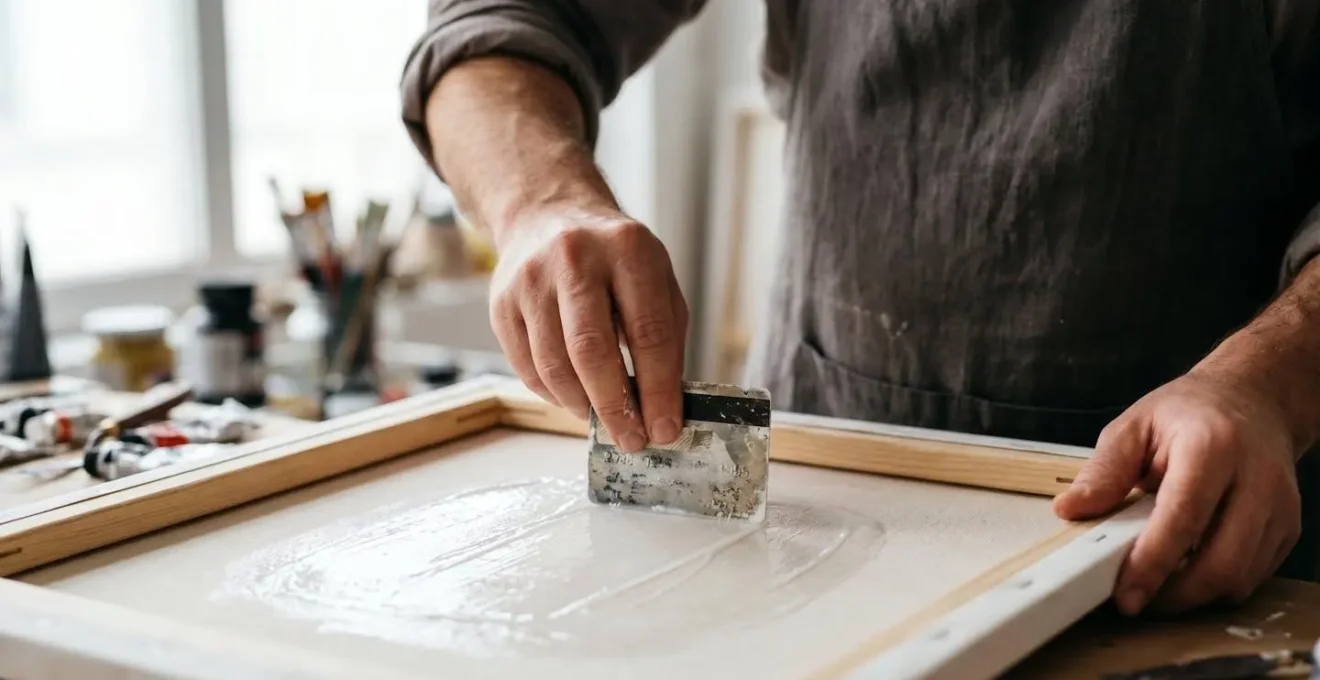 Gros plan des mains d'un artiste appliquant du gel medium transparent sur une impression toile avec une ancienne carte plastique, créant des traces texturées