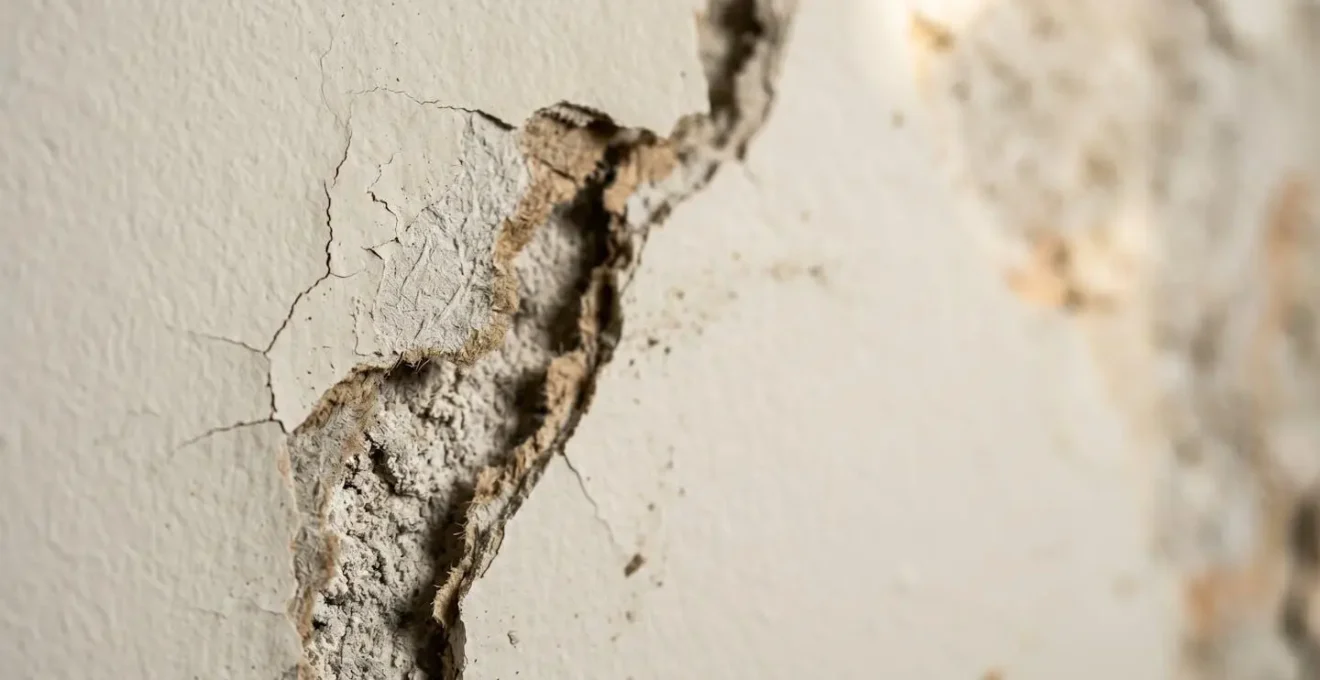 Surface de cloison en placoplâtre endommagée après retrait d'adhésif industriel