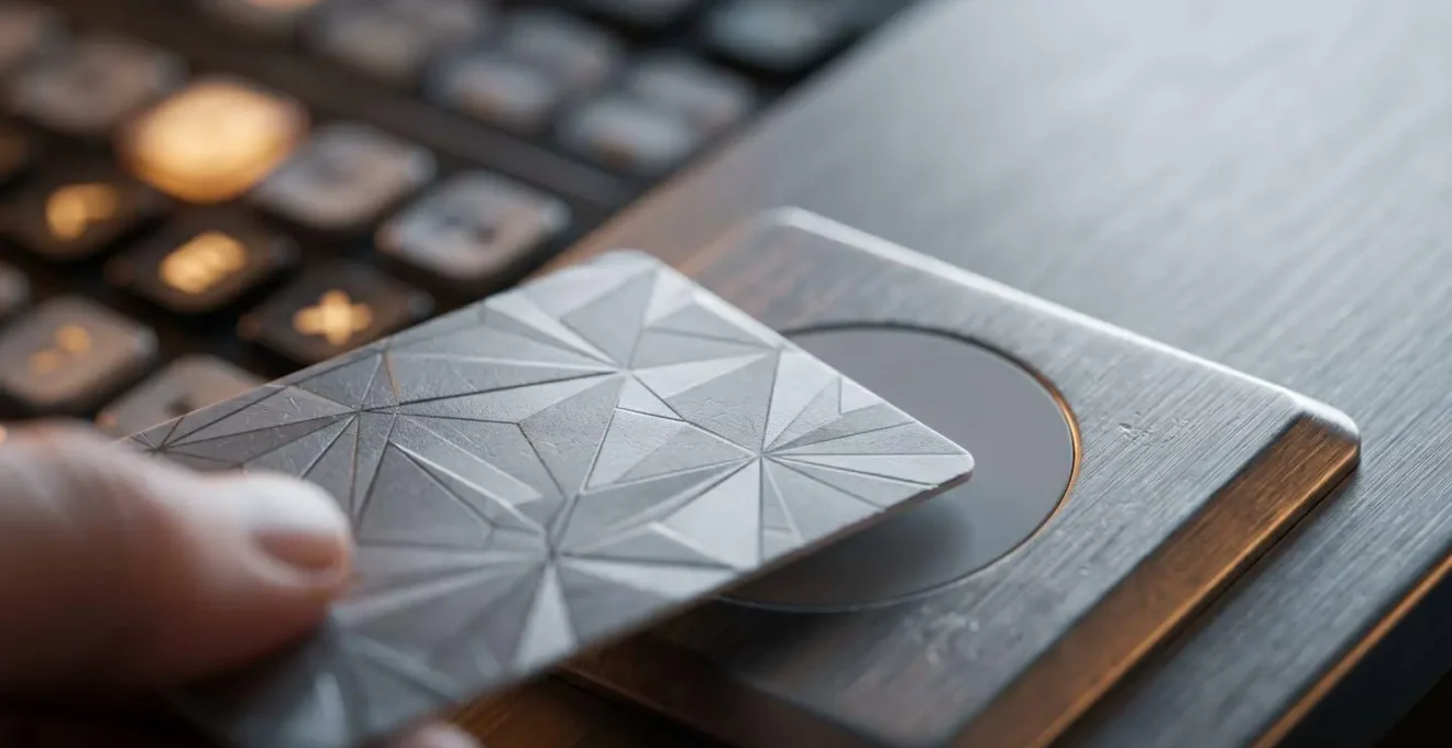 Badge d'accès professionnel devant panneau de contrôle d'imprimante multifonction moderne