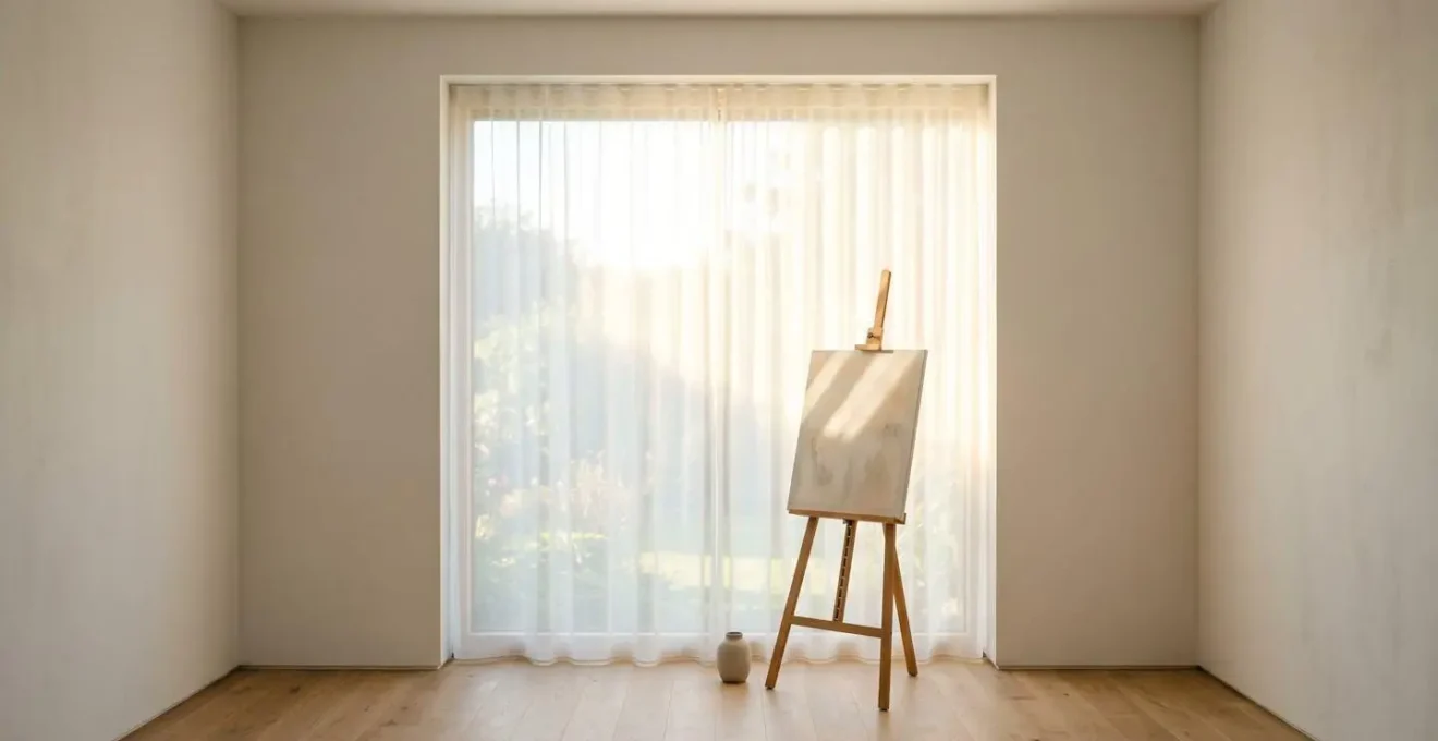Grande fenêtre avec lumière naturelle diffusée par un voilage technique protégeant une toile