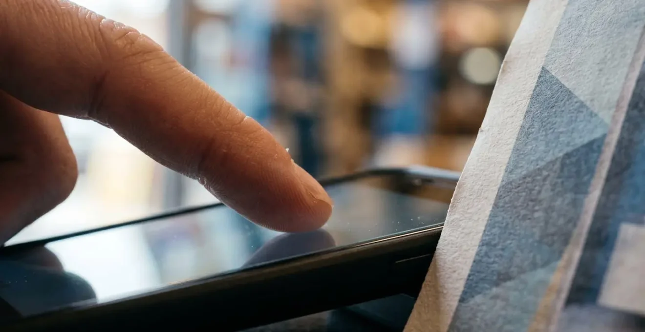 Borne tactile moderne installée à côté d'un présentoir de flyers papier dans un point de vente contemporain