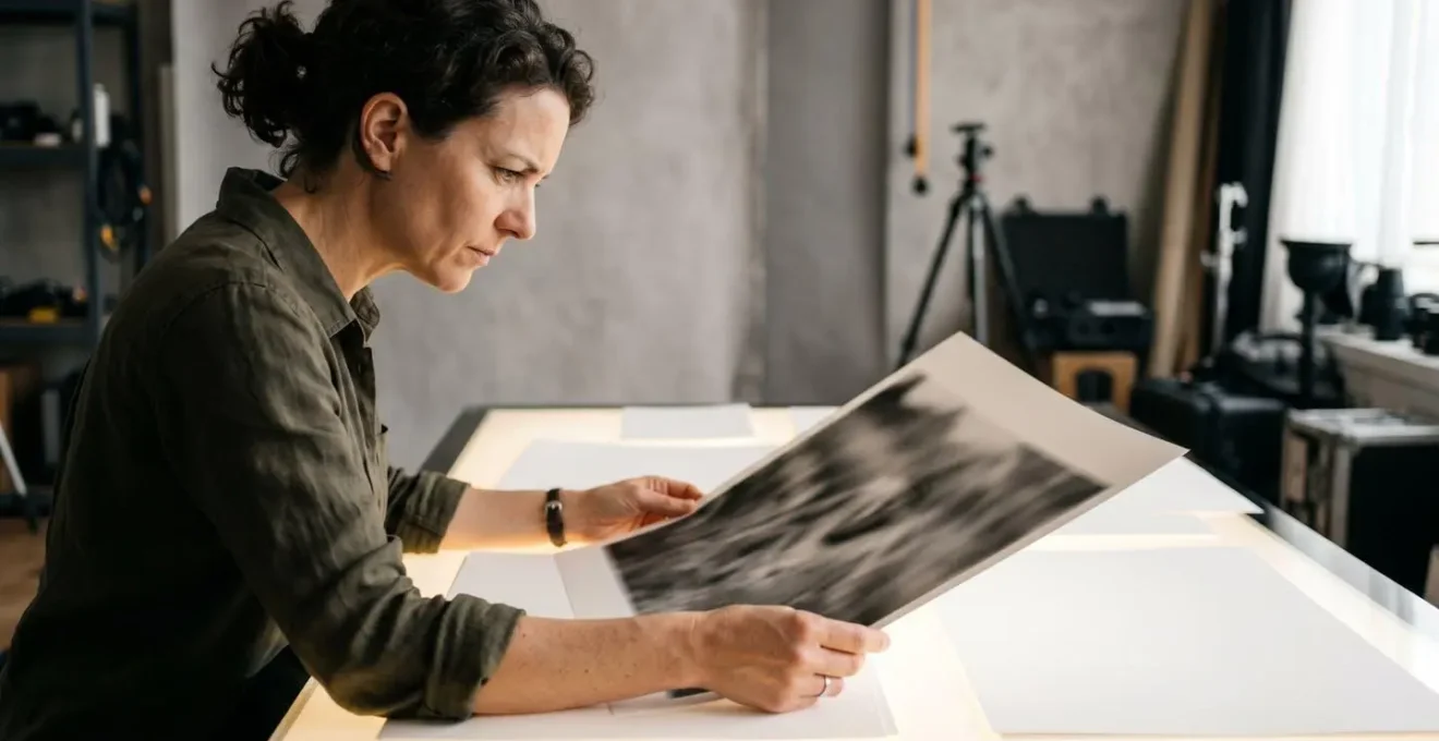 Photographe professionnel vérifiant des tirages photo sous éclairage contrôlé dans son studio