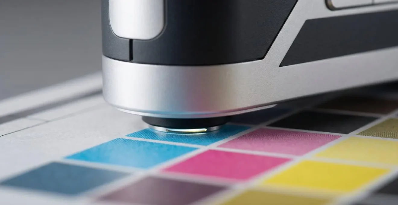 Spectrophotometre professionnel mesurant une mire de calibration imprimee avec patchs de couleurs