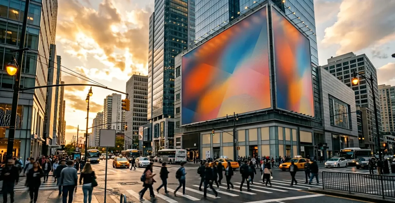 Campagne d'affichage publicitaire monumental dans un environnement urbain dense avec panneaux grand format