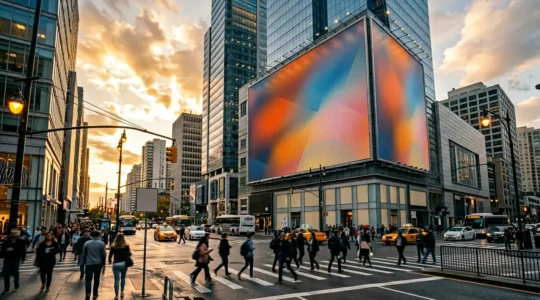 Campagne d'affichage publicitaire monumental dans un environnement urbain dense avec panneaux grand format