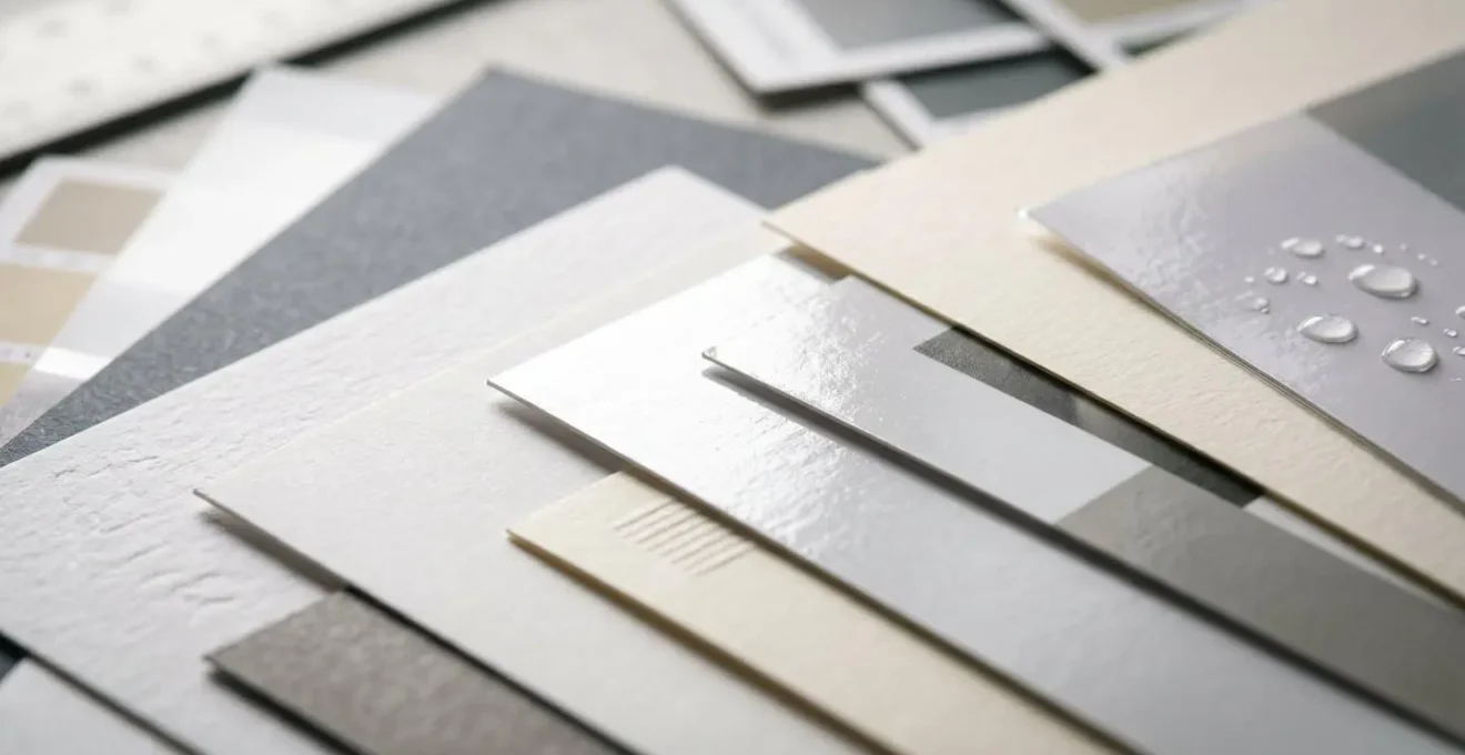 Échantillons de différents types de papier pour impression de flyers disposés sur surface de travail professionnel