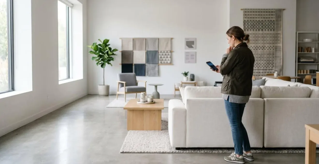 Client en magasin face à un canapé avec de multiples options de tissus, tenant son smartphone pour explorer les variations en réalité augmentée