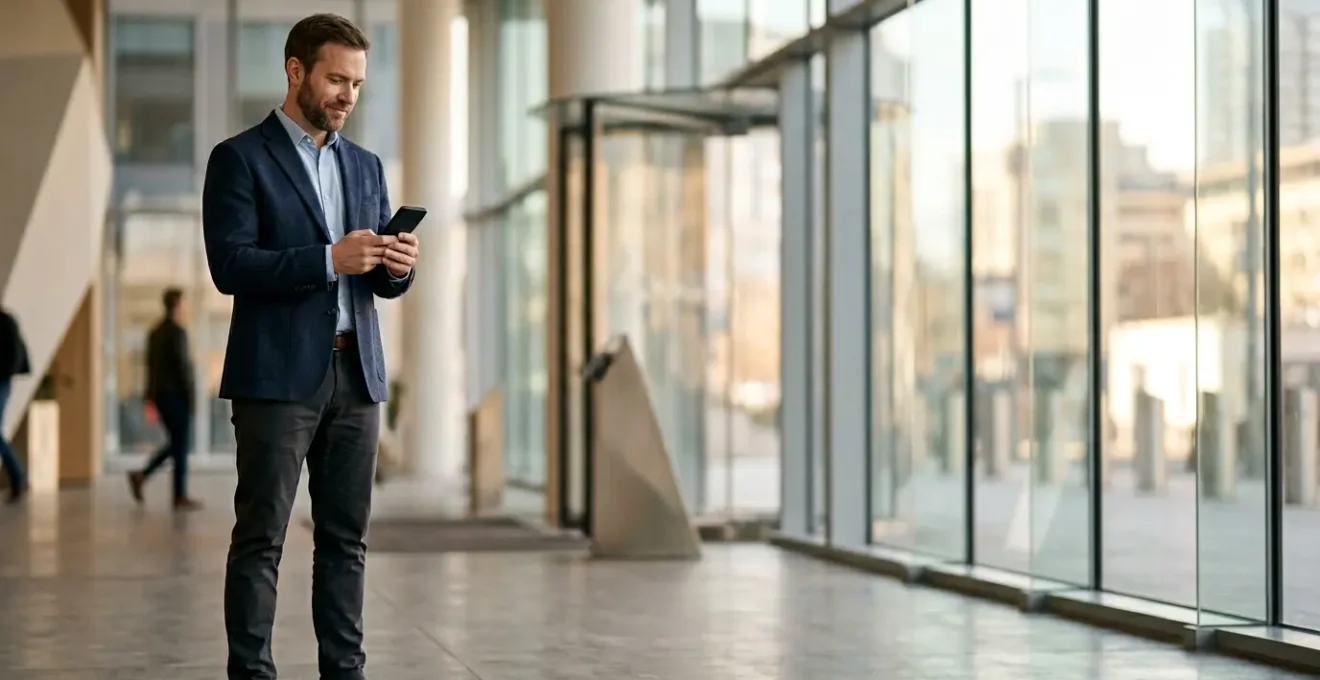 Commercial en déplacement utilisant un appareil mobile pour gérer ses impressions professionnelles