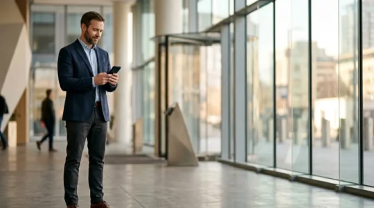 Commercial en déplacement utilisant un appareil mobile pour gérer ses impressions professionnelles