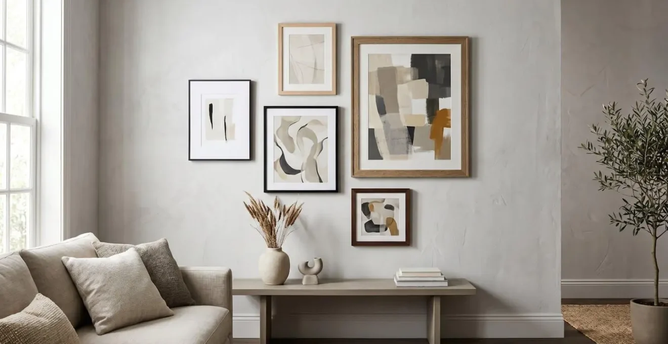 Mur de salon avec arrangement asymétrique de cinq cadres de tailles différentes créant une chorégraphie visuelle harmonieuse.