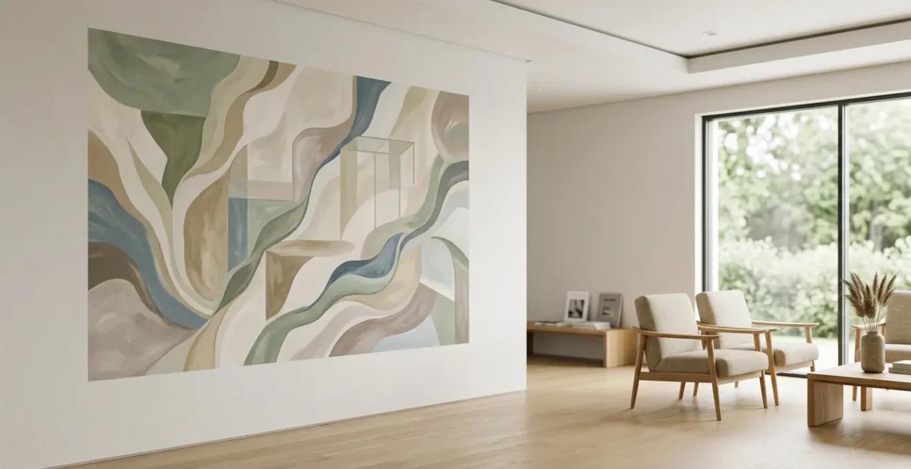 Composition murale abstraite aux tons apaisants dans une salle d'attente médicale moderne avec espace négatif