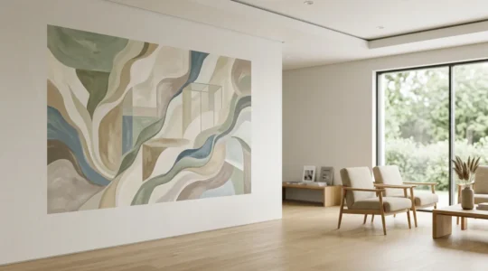 Composition murale abstraite aux tons apaisants dans une salle d'attente médicale moderne avec espace négatif