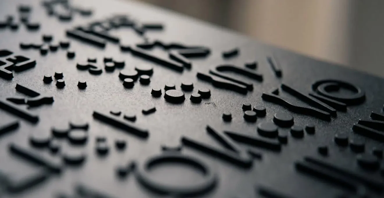 Détail macro d'une plaque signalétique tactile avec relief et contraste élevé pour l'accessibilité PMR