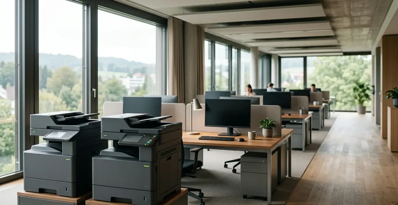 Environnement de bureau professionnel moderne avec copieurs multifonctions dotés de modes d'économie d'énergie intelligents