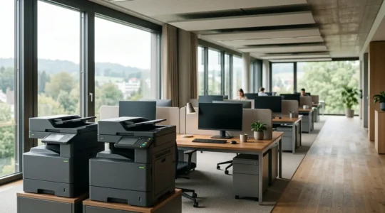 Environnement de bureau professionnel moderne avec copieurs multifonctions dotés de modes d'économie d'énergie intelligents