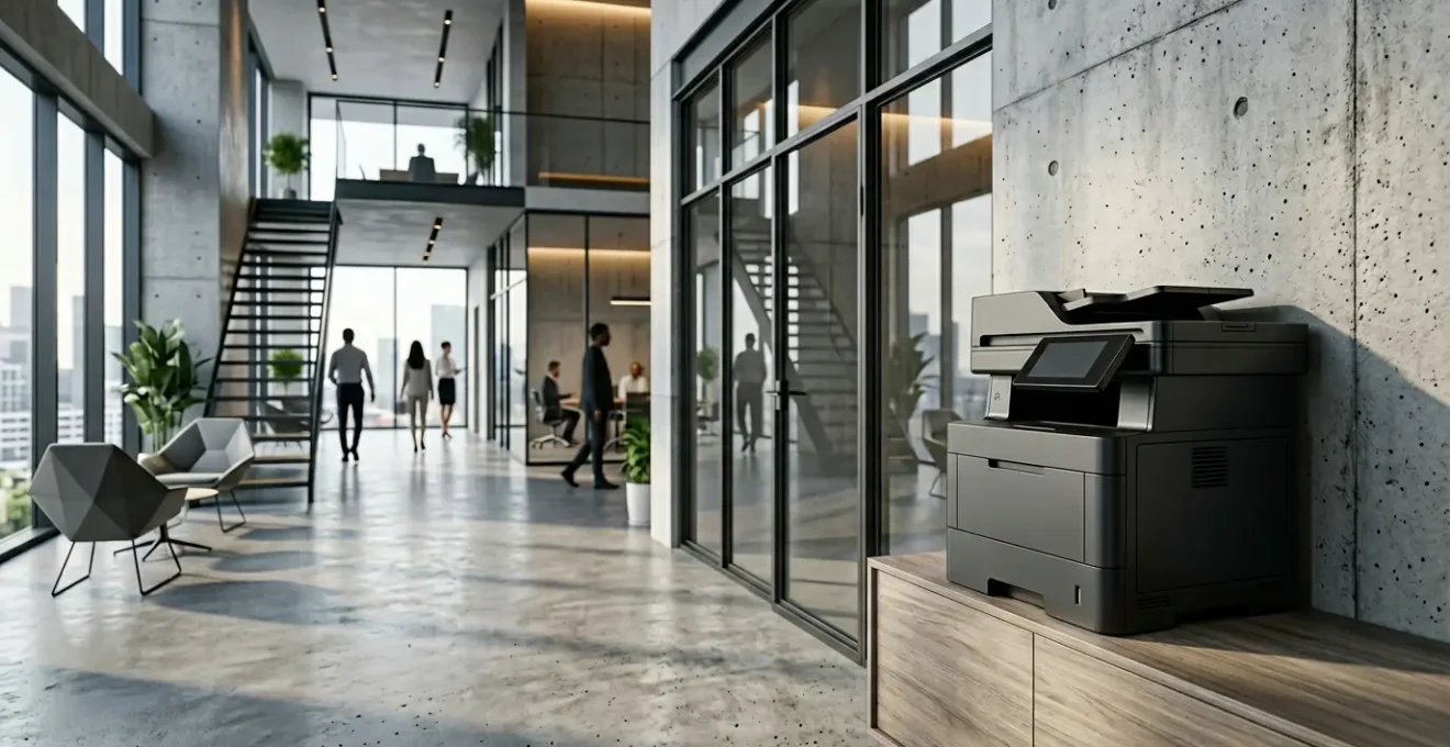 Environnement professionnel moderne illustrant la sécurité des données d'impression