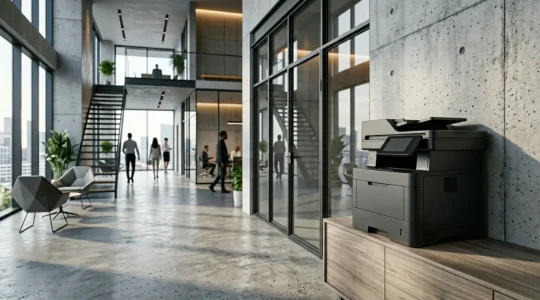 Environnement professionnel moderne illustrant la sécurité des données d'impression