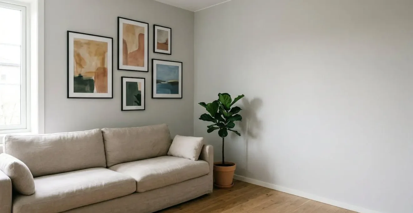 Vue d'angle d'un salon moderne avec composition murale de tableaux harmonieusement disposés