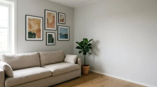 Vue d'angle d'un salon moderne avec composition murale de tableaux harmonieusement disposés