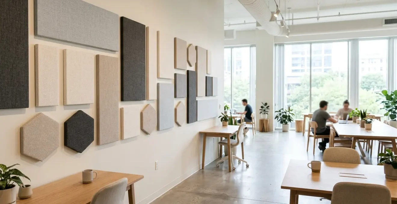 Espace de travail moderne ouvert avec panneaux decoratifs muraux alliant esthetique et absorption acoustique