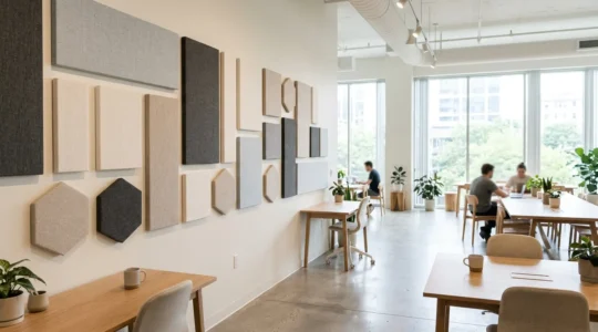 Espace de travail moderne ouvert avec panneaux decoratifs muraux alliant esthetique et absorption acoustique