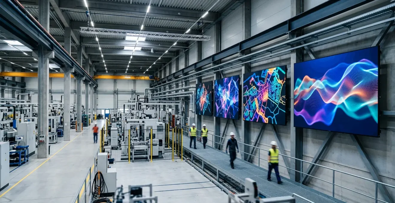 Vue d'ensemble d'une usine moderne avec écrans d'affichage dynamique montrant des données en temps réel