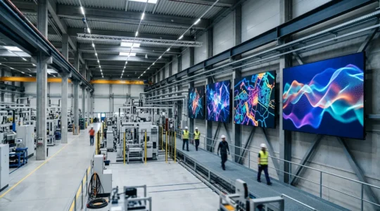 Vue d'ensemble d'une usine moderne avec écrans d'affichage dynamique montrant des données en temps réel