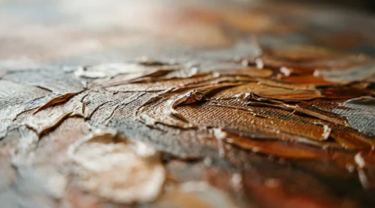 Gros plan d'une impression sur toile avec texture en relief imitant les coups de pinceau d'une peinture à l'huile, éclairée par une lumière rasante