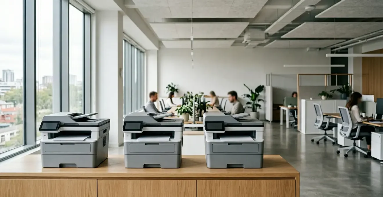 Vue d'ensemble d'un espace de bureau moderne avec équipements d'impression professionnels