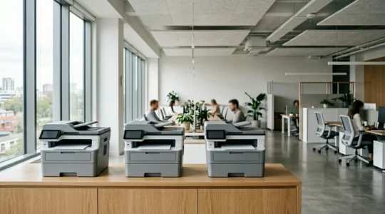 Vue d'ensemble d'un espace de bureau moderne avec équipements d'impression professionnels