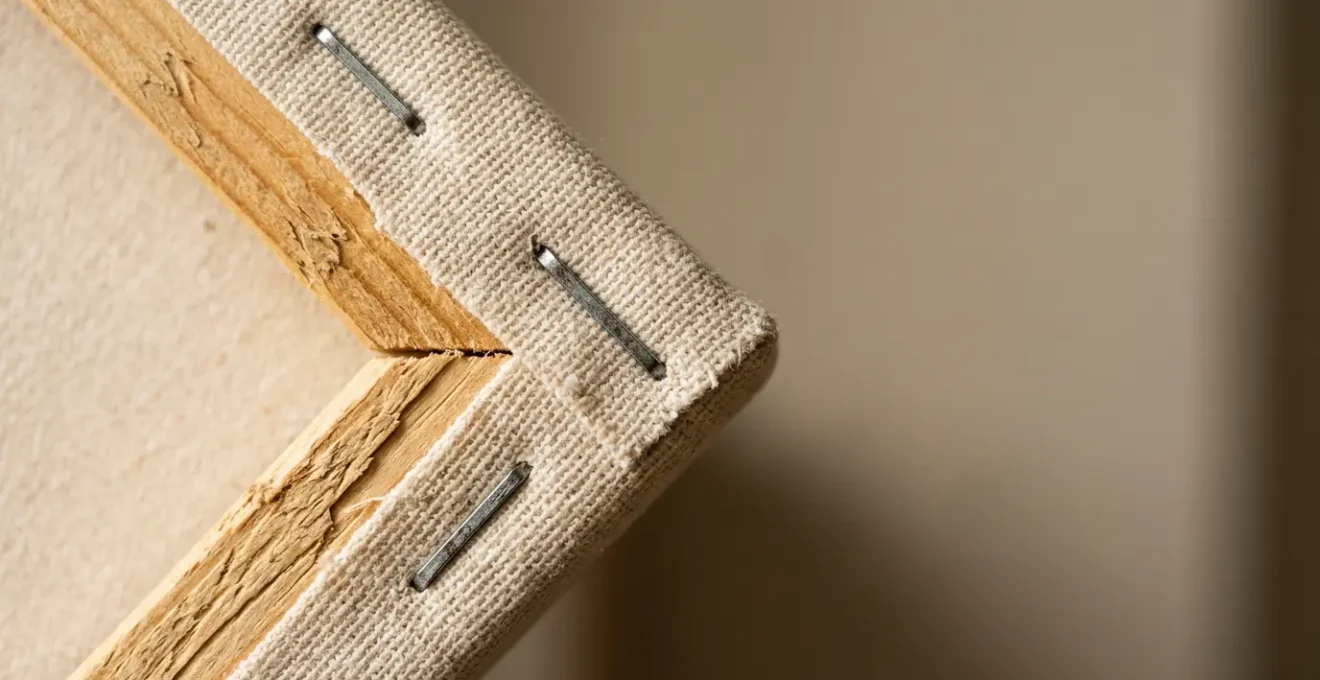 Détail en gros plan d'une toile d'art montée sur châssis en bois montrant la texture du tissu et la qualité de construction