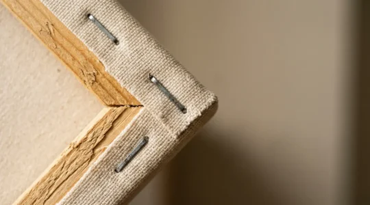 Détail en gros plan d'une toile d'art montée sur châssis en bois montrant la texture du tissu et la qualité de construction