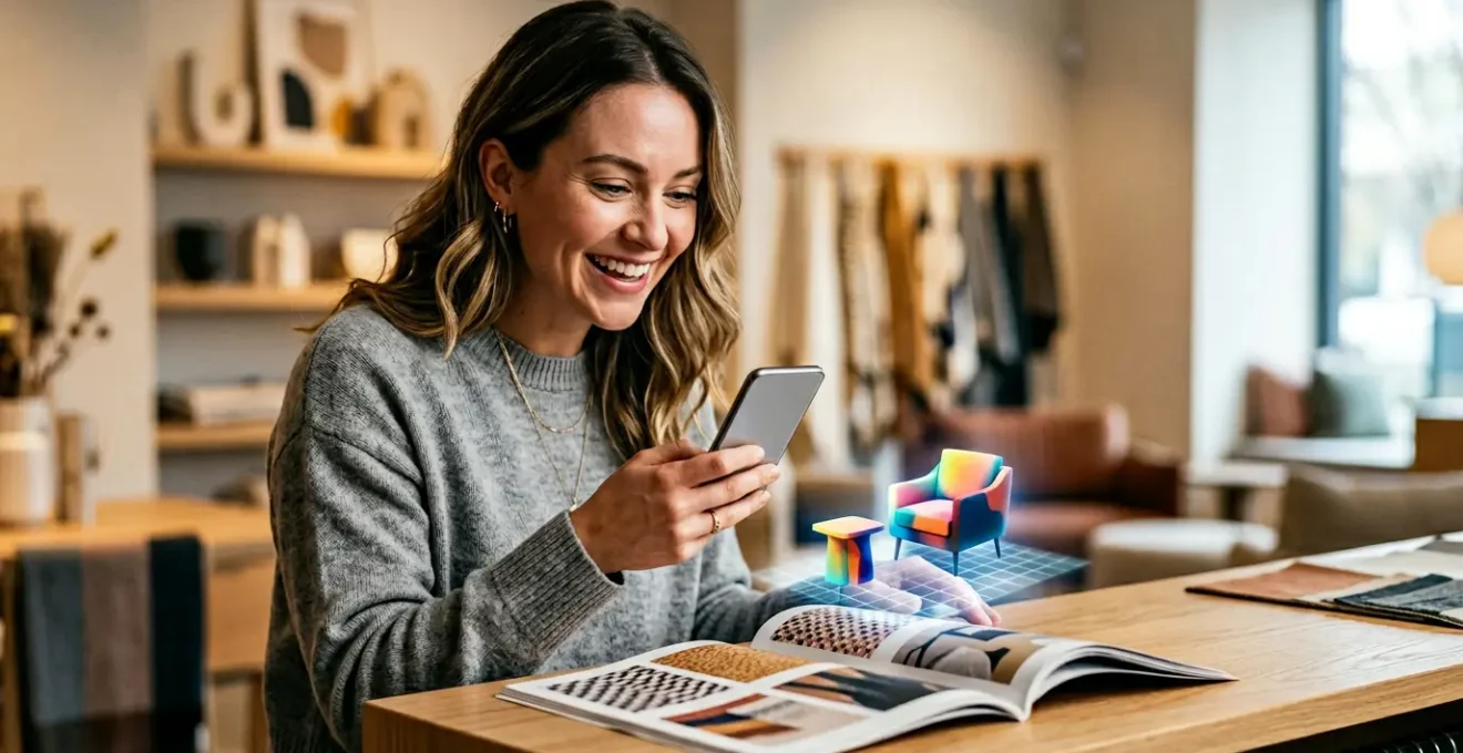Client en magasin scannant un catalogue papier avec son smartphone pour visualiser un meuble en réalité augmentée dans son salon