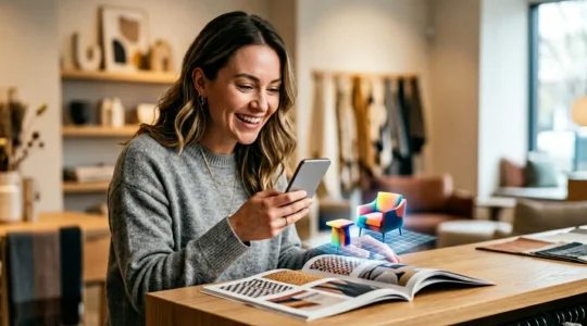 Client en magasin scannant un catalogue papier avec son smartphone pour visualiser un meuble en réalité augmentée dans son salon