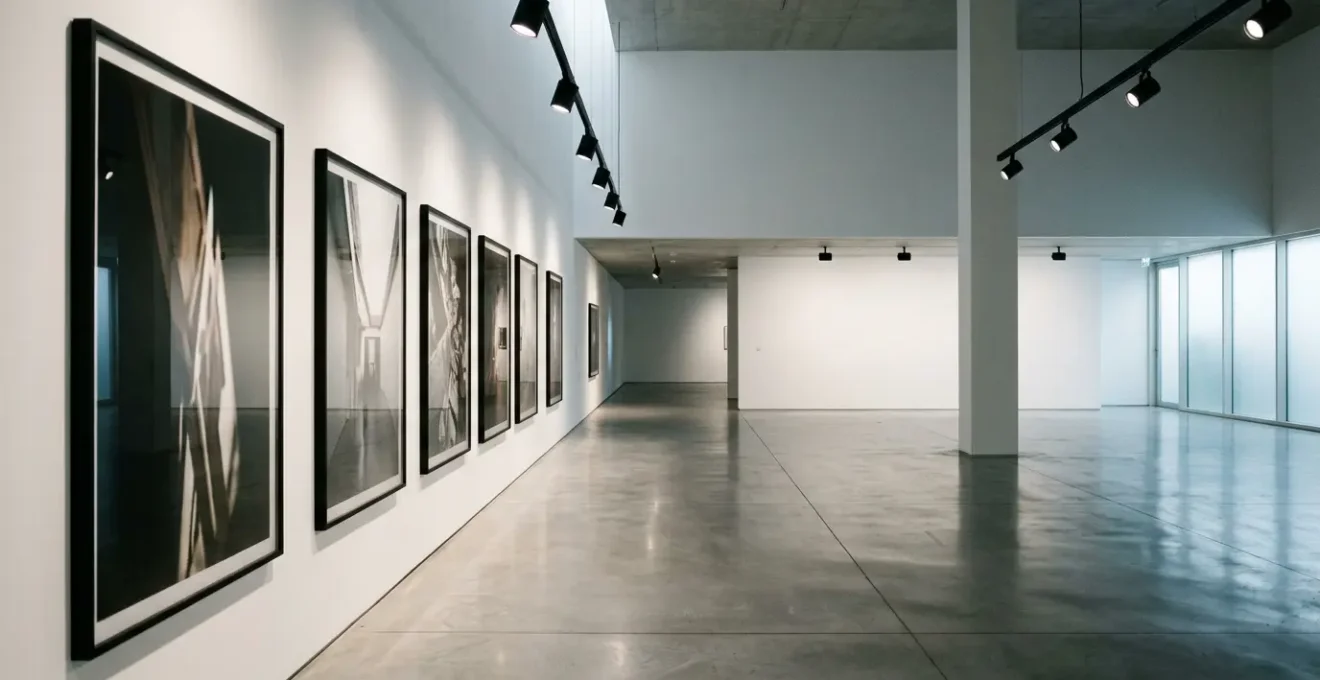 Vue élégante d'une galerie d'art contemporaine avec photographies grand format exposées sur murs blancs, éclairage directionnel professionnel