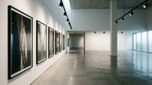 Vue élégante d'une galerie d'art contemporaine avec photographies grand format exposées sur murs blancs, éclairage directionnel professionnel