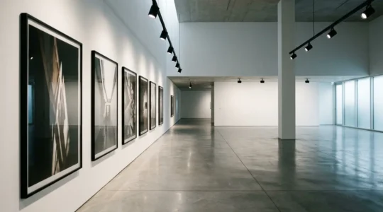 Vue élégante d'une galerie d'art contemporaine avec photographies grand format exposées sur murs blancs, éclairage directionnel professionnel