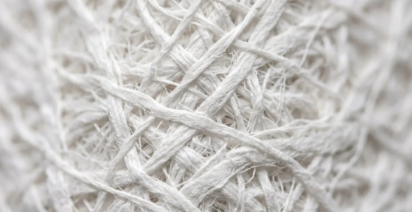 Gros plan macro sur fibres de cellulose recyclées purifiées montrant leur blancheur exceptionnelle