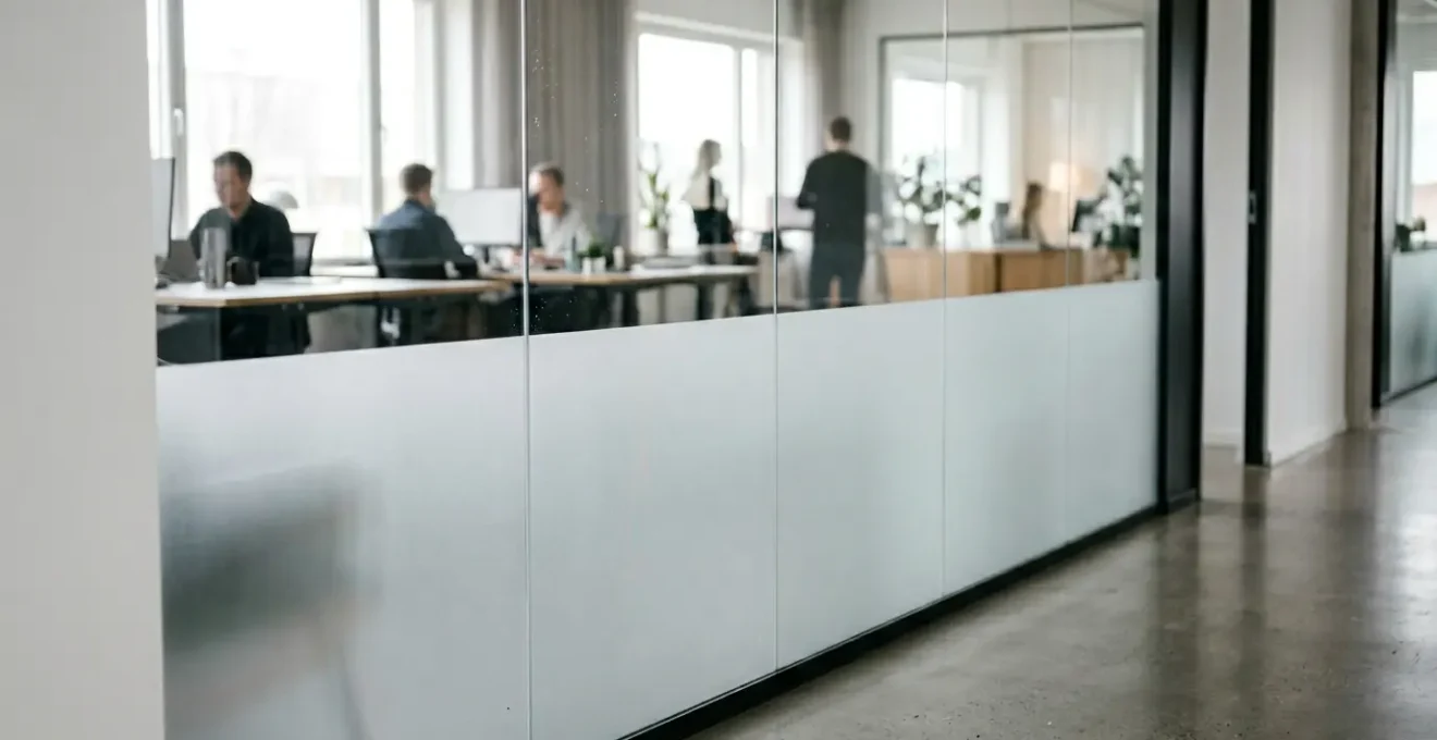 Application d'un film dépoli sur vitrage de bureau pour créer une zone de confidentialité tout en préservant la luminosité naturelle