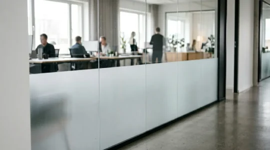 Application d'un film dépoli sur vitrage de bureau pour créer une zone de confidentialité tout en préservant la luminosité naturelle