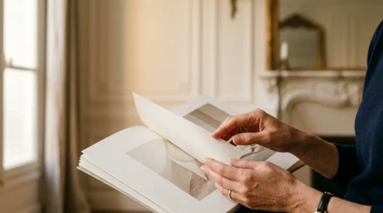 Support imprimé premium tenu en main évoquant la fidélisation client par le tactile