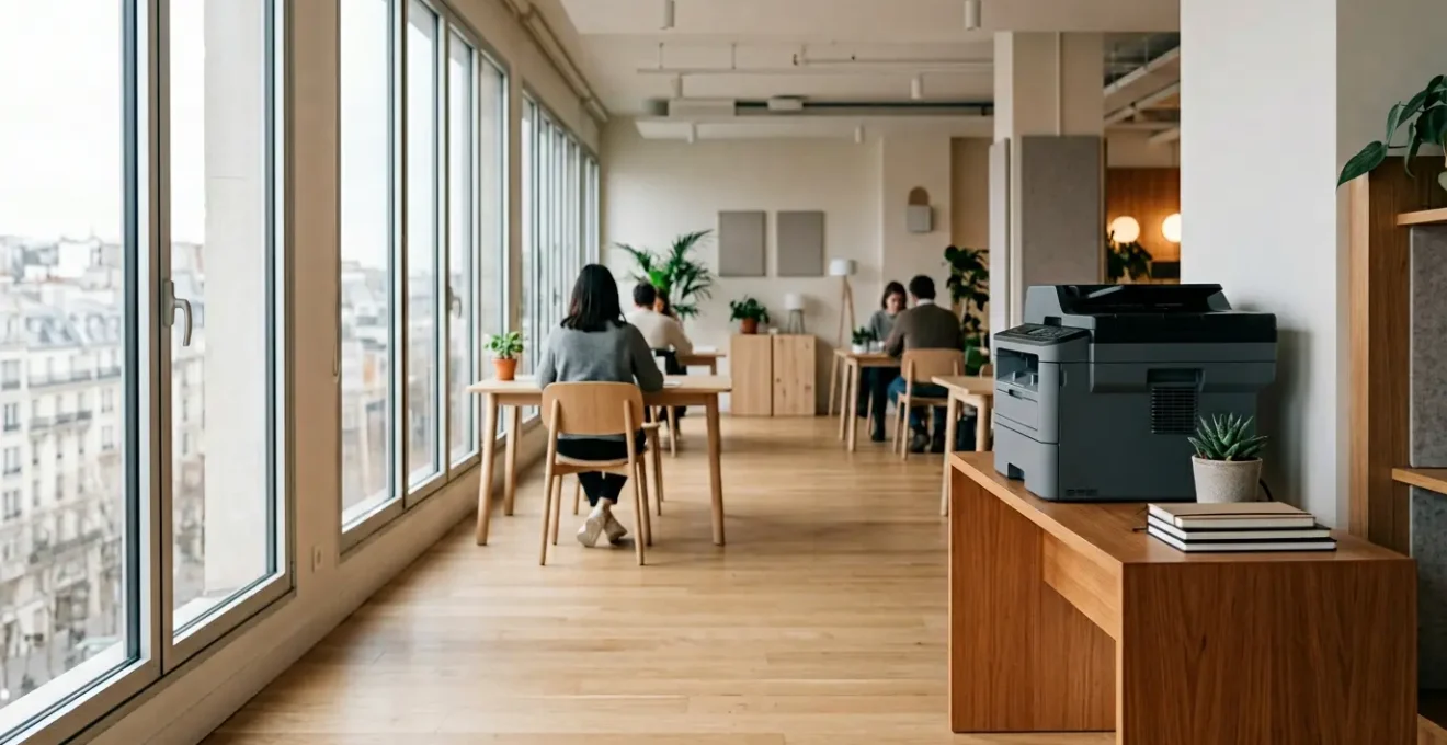 Espace de travail collaboratif moderne avec infrastructure d'impression connectée sécurisée