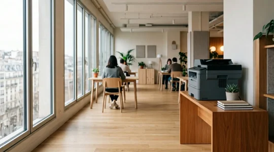 Espace de travail collaboratif moderne avec infrastructure d'impression connectée sécurisée