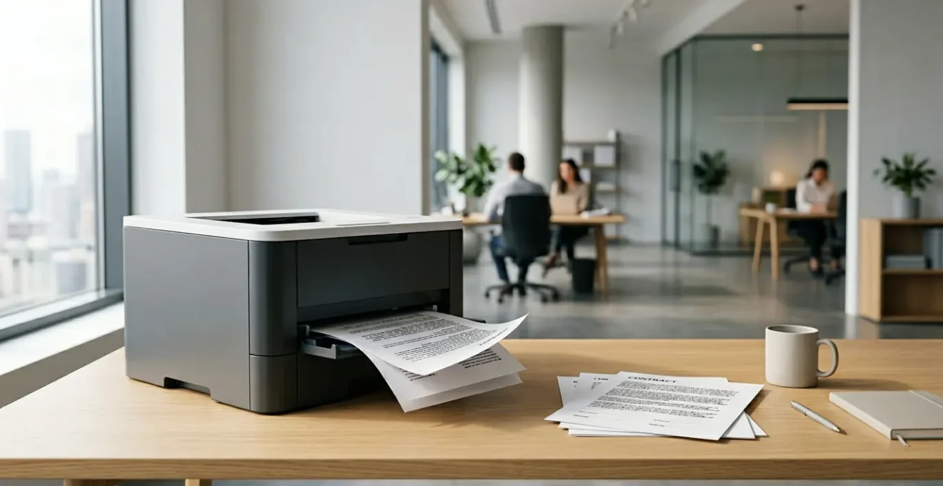 Imprimante laser moderne dans un bureau professionnel avec documents imprimés