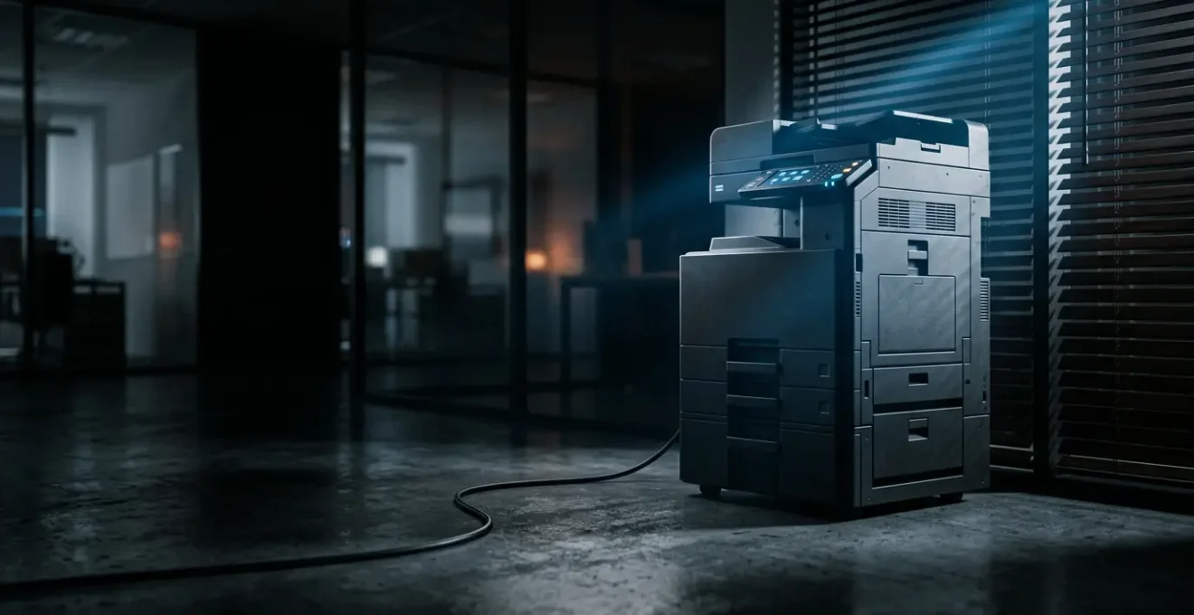 Imprimante multifonction professionnelle dans un environnement de bureau moderne symbolisant les vulnérabilités cachées de la cybersécurité