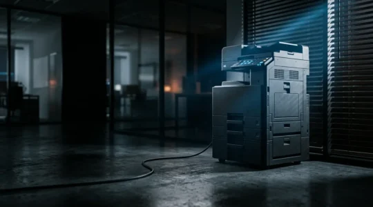 Imprimante multifonction professionnelle dans un environnement de bureau moderne symbolisant les vulnérabilités cachées de la cybersécurité